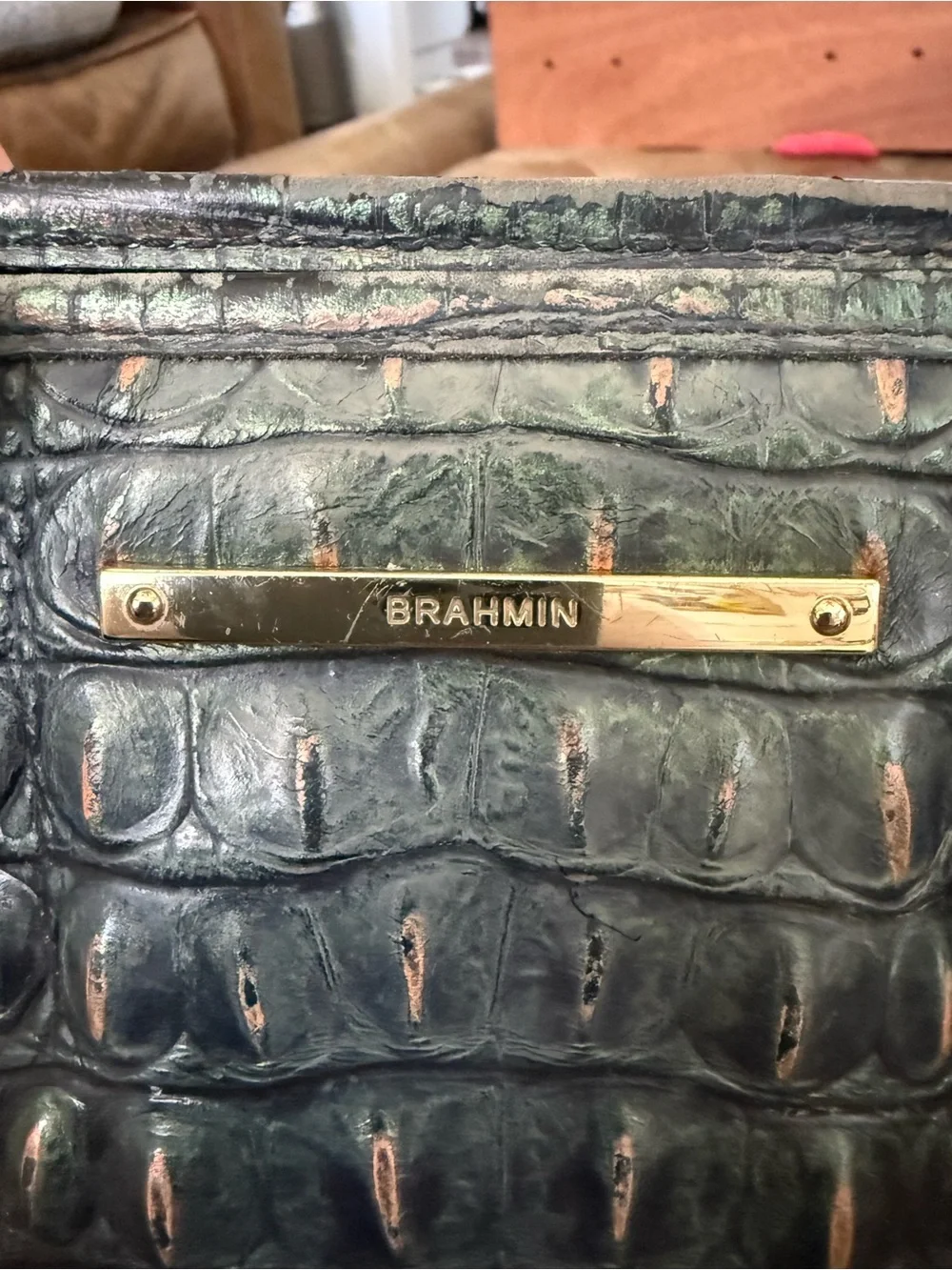 Brahmin Metallic Green Croc Embossed Leather Satchel Crossbody Purse Mini Asher